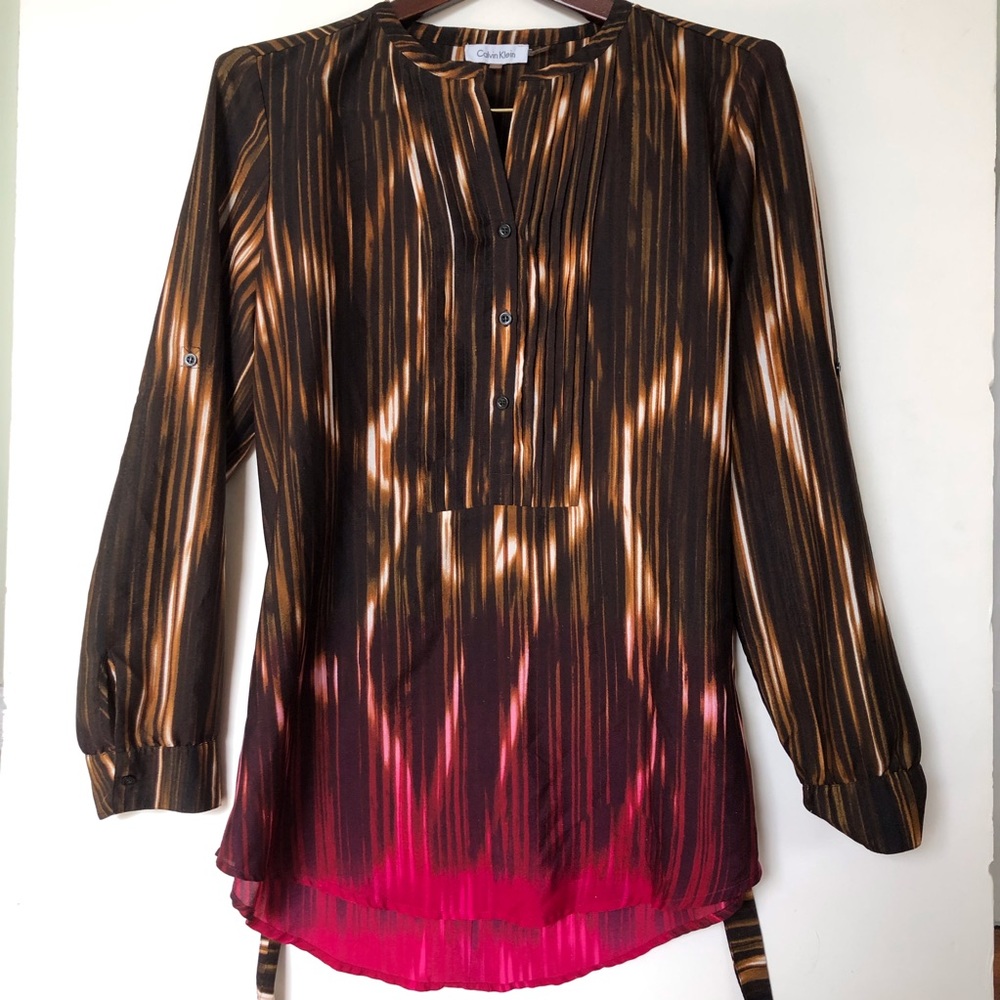 Calvin Klein Ombre Vertical Stripe Blouse w/ Belt